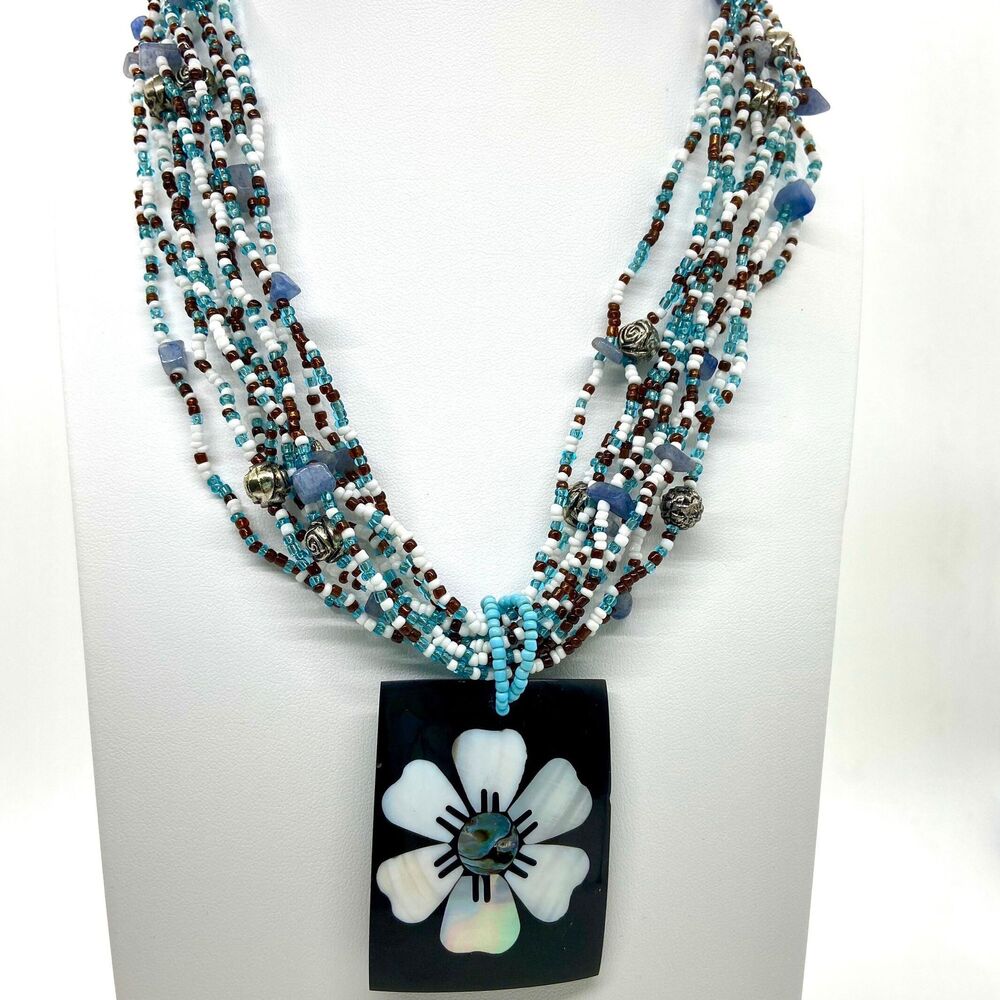 Boho Beaded Necklace with Abalone Shell, Ocean-Inspired Statement Piece
